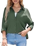 Stamain Damen Blusen Sommer Hemdbluse Lässig Bluse Langarm Hemd Baumwolle Einfarbig Oberteile Elegante Olivgrün Langarmshirt Tuniken mit Tasche M