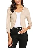 Parabler Damen Bolero Leichte Kurz Strickjacke Elegant 3/4 Ärmel Bolerojacke Casual Festlich Einfarbig Cardigan Frühling Sommer Schulterjacke Champagner S
