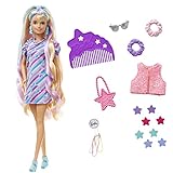 Barbie Totally Hair, Barbie-Puppe mit blonden, blauen und lila Haaren, buntes Sternenkleid, Haarspangen, Haarschmuck, Barbie-Accessoires, 15+ Teile, Geschenk für Kinder ab 3 Jahren,HCM88