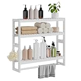 RRX Bambus-Badezimmerregal, 15cmx59cmx53cm H, 3-stöckig, verstellbare Schicht, schwebender Wandständer oder Ständer mit Stange, Standregal, Handtuchhalter, Hängestange für Badezimmer (Weiß)