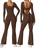 Vertvie Damen Langarm Flared Jumpsuit V Back Scrunch Butt Bodysuit Sexy Backless Eng Yoga Sport Bodycon Romper Ganzkörperanzug(Kaffee,M)