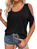Fisoew T Shirt Damen Rundhalsausschnitt Oberteile Schulterfrei Tops Sommer Kurzärmeliges Casual Tee Shirts Bluse.Schwarz.L