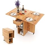 GIANTEX Klapptisch Küche, Esstisch Klein Klappbar, Mobiler Küchentisch mit 2 Rädern, Esszimmertisch mit 1 Schublade & 2 Ablagen, Klappbarer Esstisch Holz, Küchentisch Ausziehbar 120 x 72 x 75 cm