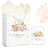 TUZELIYA Geschenktüten Geschenke zur Geburt Geschenktasche mit Henkel Willkommen auf der Welt mit Seidenpapier Glückwunschkarte, Geschenk zur Geburt Babyparty Baby Shower