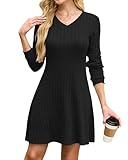 AUSELILY Strickkleid Damen Herbst V Ausschnitt Herbstkleid Elegant Pulloverkleid Langarm Casual Kleid Winter Schwarz L