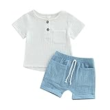 Yassiglia Baby Jungen Sommer Zweiteiler Outfit Musselin Kleidung Set Neugeborene Weiche Bekleidungssets Leinen T-Shirt + Elastische Shorts (Weiß+Blau, 18-24 Months)