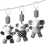 Aolso Kinderwagen Spielzeug, 3Pcs hängendes Rasselspielzeug, schwarz-weißes Spielzeug, Baby-Hängespielzeug, Neugeborenes Autositz-Spielzeug für Jungen und Mädchen (Kleiner Bär/Kalb/Elefant)