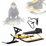 ECD Germany Lenkschlitten in Gelb, Kinderschlitten Rodel ab 5 Jahre, Skibob für Kinder/Erwachsene bis 90 kg, Schlitten mit Lenkrad, Fußbremse, Zugseil, Sitz mit Rückenlehne, Stahlrahmen, 119x38x50 cm