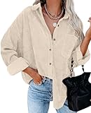 QIXING Hemdjacke Damen Herbst Winter Oversized Button Down Corduroy Dünne Jacket Cordjacke Damen Cord Hemd V-Ausschnitt Langarm Bluse mit Tasche Casual Jacke Musselin Bluse Damen (Beige, XL)