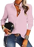 NONSAR Damen Bluse Elegant V-Ausschnitt Hemden Langarm Casual Arbeit Oberteile mit Knöpfen Hemd Lose Langarmshirt Einfarbig Tops(9337XL,Rosa)