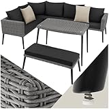 tectake® Aluminium Poly Rattan Lounge, Gartenmöbel Set mit Ecksofa, Bank und Tisch, Sitzgruppe für Garten Balkon Terrasse, Balkonmöbel Sofa Garnitur mit dicken Polstern, mit Zierkissen - grau