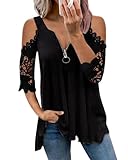 Sofia's Choice Damen Sexy Spitze V Ausschnitt T Shirt mit Reißverschluss Schulterfrei Schicke Oberteile Schwarz L