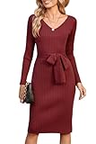 Newshows Strickkleid Damen Rot Langarm Herbstkleid V Ausschnitt Pulloverkleid Damen Figurbetontes Kleid Winter