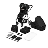 LIONELO Amber Kinderwagen 2 in 1 Kombikinderwagen, Kinderwagen Set mit sportlichen Sitz und fester Babywanne, Tasche, Moskitonetz, Abdeckung Regenblatt (Schwarz Silber)