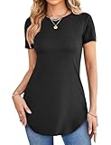 Florboom Longshirt Damen Kurzarm Basic Rundhals Oberteile Shirts Top, Schwarz L