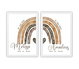 Mountiki® Regenbogen Geburtsposter 2er Set personalisiert | Kinderzimmer Geschwister Bild mit Geburtsdaten | Geschenk zur Geburt | Zwillinge (Braun)