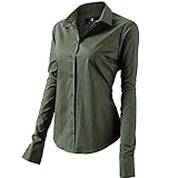 FLY HAWK Bluse Hemdbluse Damen Hemd Basic Kent-Kragen Elegant OL Work Slim Fit Langarm Stretch Formelle Hemden,Armee Grün, Größe 42, Hersteller - 14