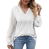 Aomig Damen Spitze Weiße Tops, Elegant Puffärmeln Langarm V Ausschnitt Tunika Casual Einfarbig Weiss Festliche Blusen, Puffärmeln Oberteil T Shirt Blusenshirt Damenblusen Only Bluse Hemd für Damen(XL)