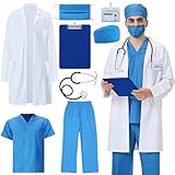 Arzt Kostüm für Erwachsene, Herren Doktor Chirurg Kostümset mit Arztkittel, Oberteil, Hose, OP-Haube, Gesichtsmaske, Stethoskop, Ausweis, Klemmbrett, Perfektes Kostüm für Karneval Fasching (XL)