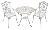 DEGAMO Gartenset Bistroset in Jugendstil Optik 3-teilig, Aluguss weiß, wetterfest, 2X Sessel und 1x Tisch 70cm rund, Outdoor