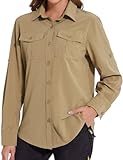 Tuopuda Hemdbluse Damen UV Shirt UPF50+ UV Schutz Safari Kleidung Wanderbluse Outdoor Cooling Sonnenschutz Langarm Luftiges Hemd Tops Sport Oberteile Atmungsaktiv, Khaki, L