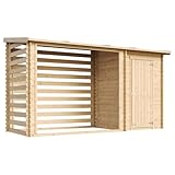 TIMBELA M205 Holz-Geräteschuppen 344x146x199 cm – Gartenhaus mit Brennholzregal, wasserfestem Dach, 3.64 m²