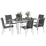 Outsunny Sitzgruppe 7-teilig Essgruppe für 6 Personen Esstisch mit 6 stapelbar Stühlen Esszimmergruppe mit Glastisch Küchentisch-Set Balkonmöbel Gartenmöbel für Terrasse, Balkon Esszimmer Schwarz