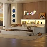 Gegtuon Doppelbett Holzbett 140x200 mit LED-Licht & USB-Buchse für Kinder, Jugendbett Funktionsbett mit Ausziehbares Bett und Stauraum Regal, Bettgestell mit Lattenrost aus Holz, ohne Matratze, Weiß