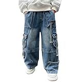 Cargo Jeans Jungen Gerade Cargojeans Baggy Weites Bein Jeanshosen Kinder Locker High Waist Denim Hose Strech Hosen mit Mehrere Tasche Kinderkleidung Jungen (Light Blue, 9-10 Years)