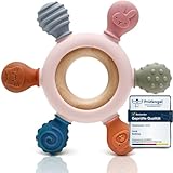 CAJA Beißring Baby - Beißspielzeug Zahnungshilfe aus Silikon & Holz, Baby, BPA-frei, Tiermotive, Zahnen & Greifring für Babys - Sicheres Spielzeug (Pink)