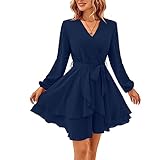 TcIFE Damen Kurz Kleid Langarm Casual V-Ausschnitt Tunika Kleider Einfarbig Rüschen Minikleid Swing Skater Hohe Taille Wickelkleid Chiffon, Marineblau, S