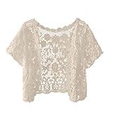 Damen Offene Vorne Cardigan Cropped Elegant Kurze Dünne Hohl Gestrickte Spitze Strickjacke Bluse Mode Spitzen Bolero Kurzarm Casual Kurz Strickbolero Lightweight Boho Outerwear (Beige, One Size)