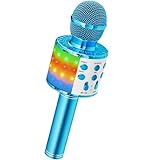 Magic Sing LED Karaoke Mikrofon Kinder, Drahtloses Bluetooth Spielzeug ab 3-12 Jahre Geschenk Mädchen KTV Lautsprecher mit Stimmenverzerrer, Heim KTV Karaoke Maschine für Android, iOS, PC(Blau)