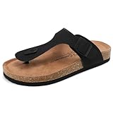 ARRIGO BELLO Damen Zehentrenner Pantoletten Natur Kork Leder Flip Flops Leicht Rutschfest Sommer Slip On Flach Sandalen Verstellbare Schnalle EU 36-46(D-Schwarz,38)
