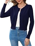 Aottori Strickjacke Damen Elegant Bolero Festliche Leicht Cardigan Kurz Strick Jäckchen Rundhals Einfarbig Bolerojacke Langarm mit Knöpfen für Frühling Herbst Dunkelblau L
