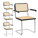Zouron Esszimmerstühle 4er Set Rattan Stuhl Schwingstühle - Holzrahmen Freischwinger Stühle Geflochtene Rattan Rückenlehne Chrom Metallbeine Küchenstuhl - Schwarz