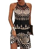 GRMLRPT Damen Ärmelloses Boho Sommerkleid Knielang Ethnischer Stil Elegant Bedruckt Mesh Retro Kleider Neckholder Freizeitkleid Damens Kleider Strandkleider(Schwarz-3,M)