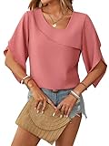 LEKOPUR Rosa Oberteil Damen Chiffon - Elegante 3/4 Arm Bluse Festliche Oberteil für Party Outfit Tunika Damenblusen