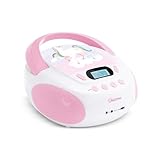 mooov 477407 CD Player für Kinder mit Lautsprechern, USB, Kopfhöreranschluss, AUX-IN-Port - Boombox CD Spieler Tragbar - Netzbetrieb oder Batterien - Modell Einhorn - Rosa/weiß