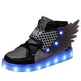 YUNICUS LED-Kinderschuhe für Mädchen leuchtende Schuhe günstige USB-Aufladung blinkende Turnschuhe Flügel Turnschuhe (Kleines Kind, Black 32 EU)