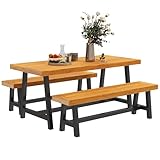 Outsunny Sitzgruppe 3-teilig Holz Essgruppe für 4 Personen im Lamellendesign Esstisch mit 2 Bänke Esszimmergruppe mit Holztisch Küchentisch-Set Balkonmöbel Gartenmöbel für Terrasse, Balkon Teak