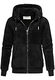 REPUBLIX Damen Teddy Sweatjacke Plüsch Hoodie Pullover Zipper Jacke RD-015 Schwarz L