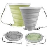 Faltbecher Silikon,2 Stück Faltbarer Becher,Becher Faltbar mit Deckel und Schlüsselband,Faltbare Becher,Wiederverwendbare Umweltfreundlich,Faltbarer Trinkbecher für Camping Reisen Picknick(Grün,Grau)
