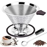 Omtofo Kaffeefilter, Pour Over Kaffeefilter aus Edelstahl, Doppelschichtiges Filterdesign, Papierloser Kaffeefilter Wiederverwendbar, mit Löffel und Reinigungsbürste Geliefert(1-4 Tassen)