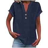 KOG Damen T-Shirts Basic Leinenhemd Tshirts Fashion Kurzarm Longshirt Frauen Tee T-Shirt Elegante Leinen Tee Shirt Sale Teenager Rundhals Lose Shirts Gutschein Amazon Marine XL