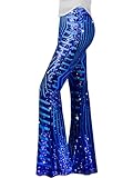 Nawgut Pailletten-Schlaghose, glitzernd, hohe Taille, Glockenhose, Disco, Party, Clubwear für Damen, Blau, S