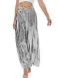 Fakanhui Palazzohose Damen Metallic Weites Bein Gold Silber Casual Kleid Abendparty Clubwear Hose, silberfarben, S