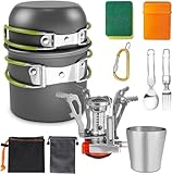AUTOPkio Camping Kochgeschirr Set mit Gaskocher, Aluminium & Edelstahl, Grau, 12 Stück, für 1-2 Personen, Picknick, BBQ, Wandern, Kochen
