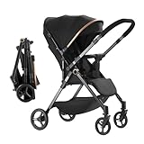 Baby Kinderwagen, Buggy Klein Zusammenklappbar mit Liegefunktion, Umsetzung in Beide Richtungen, Verbessertes Aufhängungssystem, Tragbare Kinderwagen für Babys von 0-3 Jahren (Schwarz)