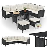 Juskys Polyrattan Lounge Manacor mit Ecksofa, Esstisch, 2 Hocker & Kissen - wetterfest bis 7 Personen - Bezüge waschbar - Rattan Garten Sitzgruppe Gartenlounge Gartenmöbel Set - Schwarz/Creme